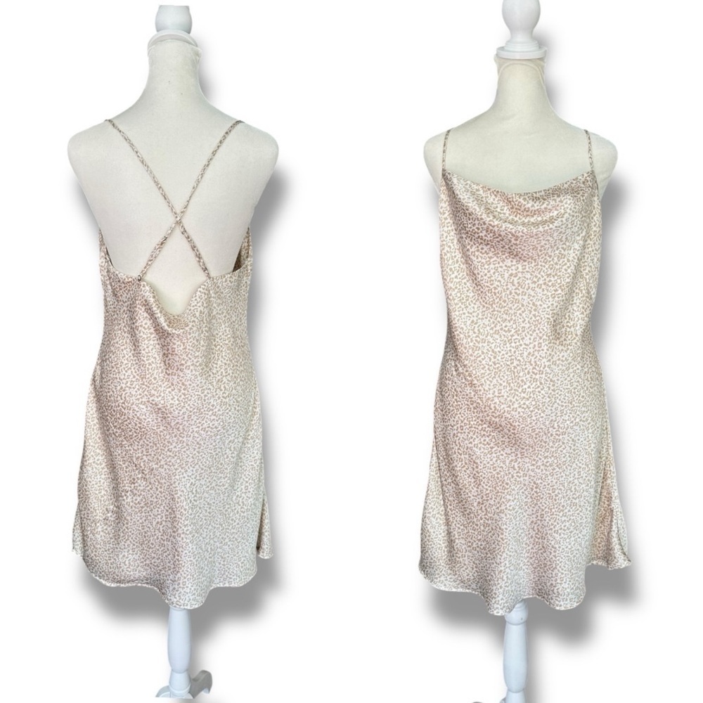 Abercrombie & Fitch Neutral Leopard Print Satin Cowl Neck Mini Slip Dress | M